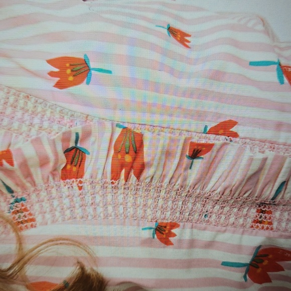 Karlie Poppy Stripe Puff Sleeve Ruffle Button Up Top Pink White Red M EUC - Picture 3 of 11